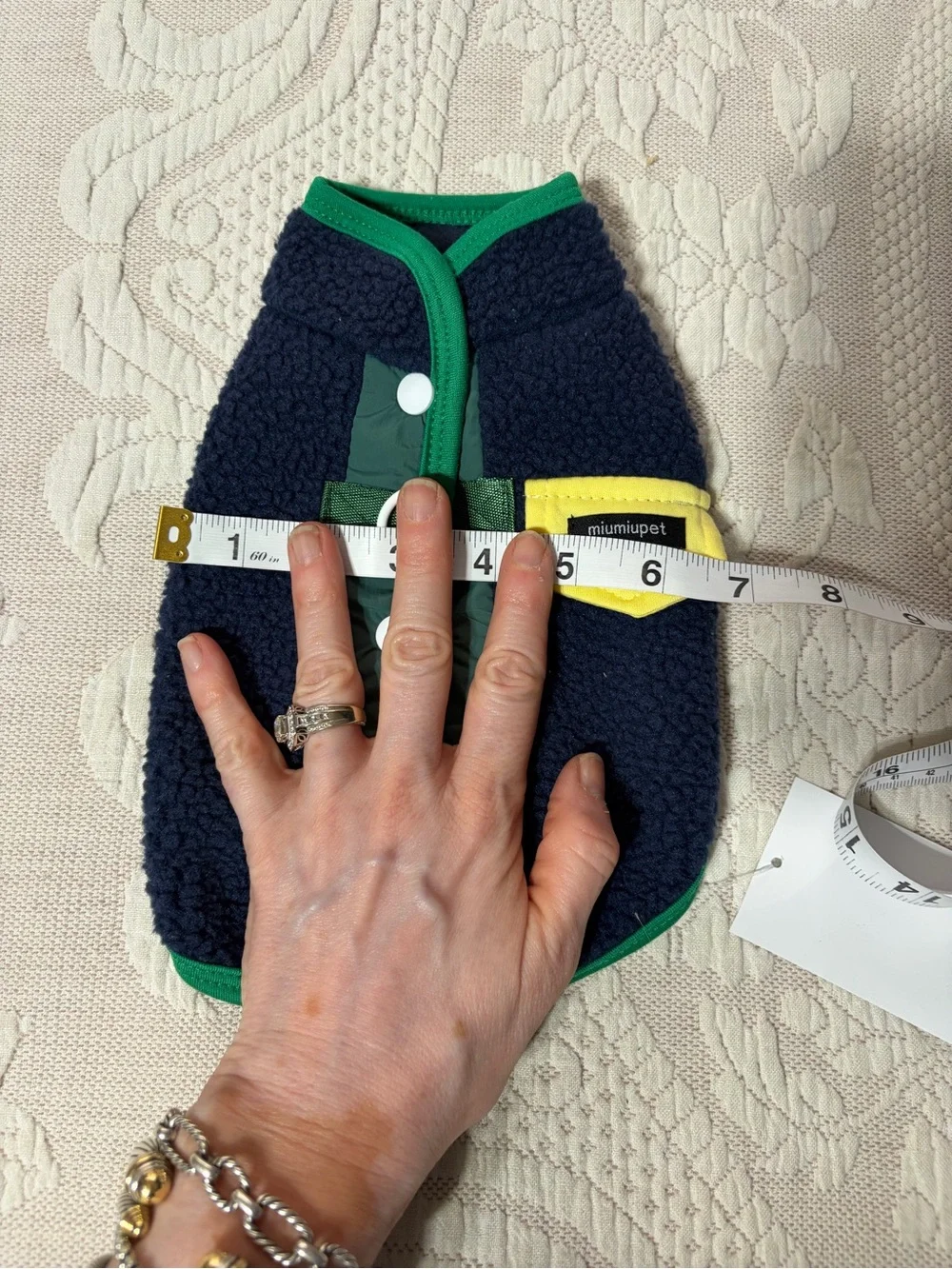 NWT Miniature Pet Navy Sherpa Puffer VEST with Green Trim and Yellow Pocket